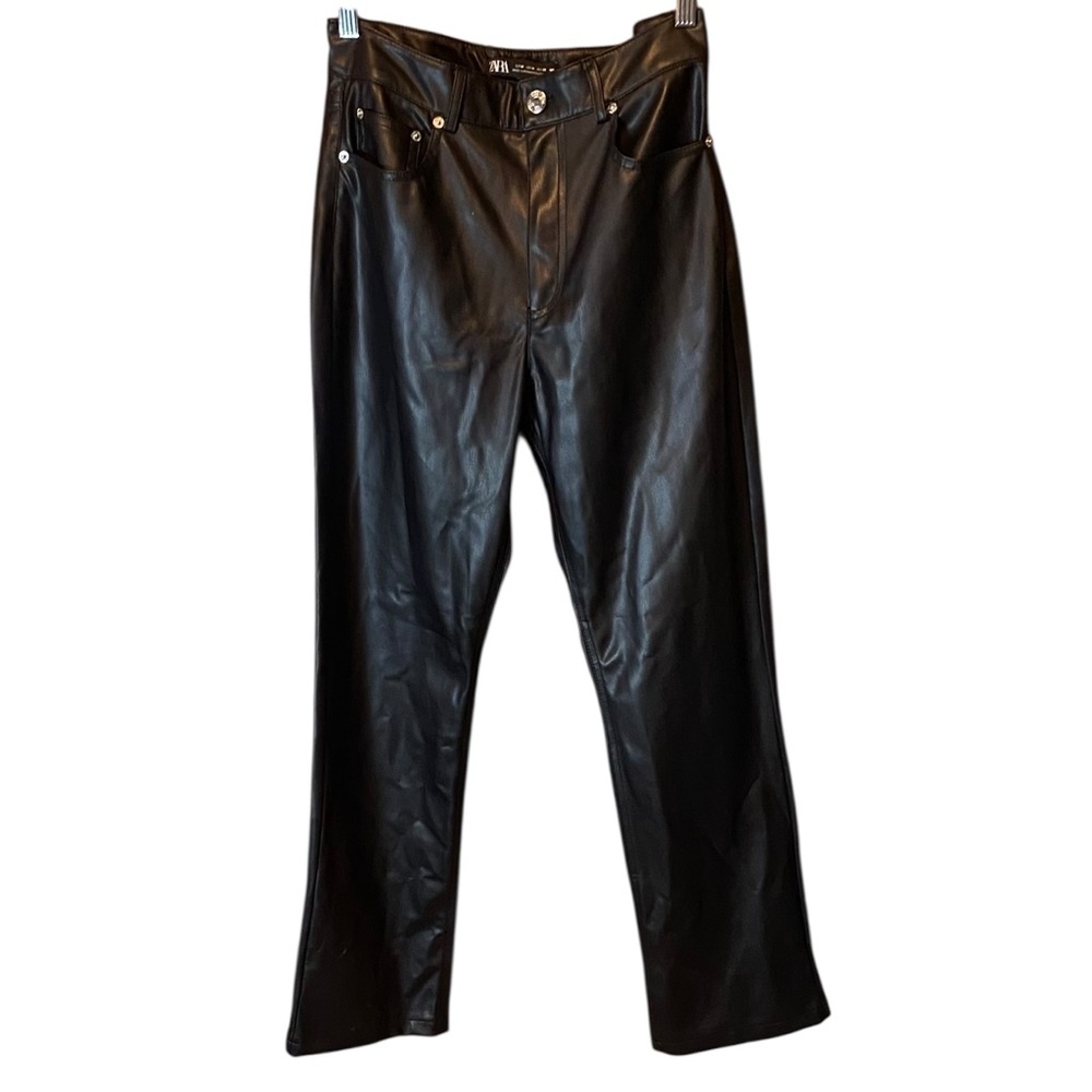 ZARA Black Faux Leather 90s Straight Leg Pants High Rise NWT Medium - Picture 9 of 9